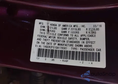 2016 Honda Accord Sport из США, поврежденный, VIN 1HGCR2F51GA179561